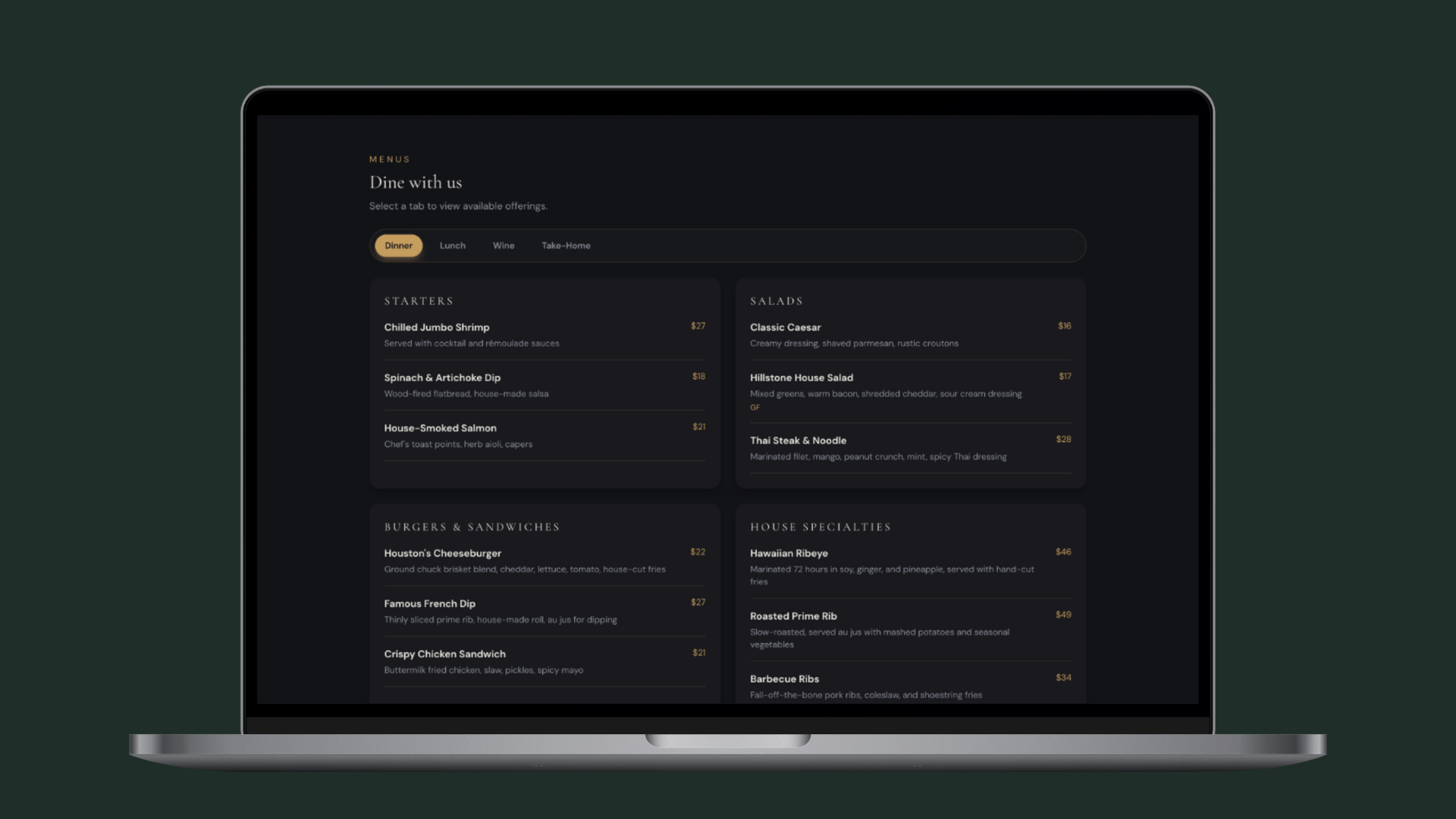 Homepage hero + menu overview