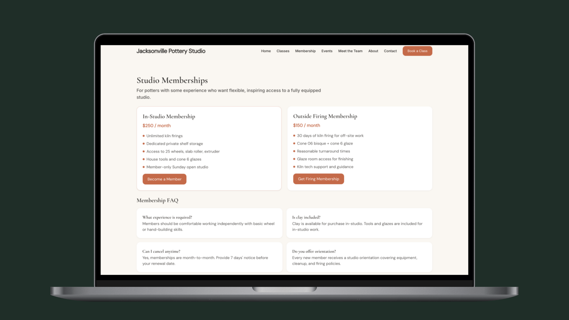 Feature grid: classes, memberships, events, team