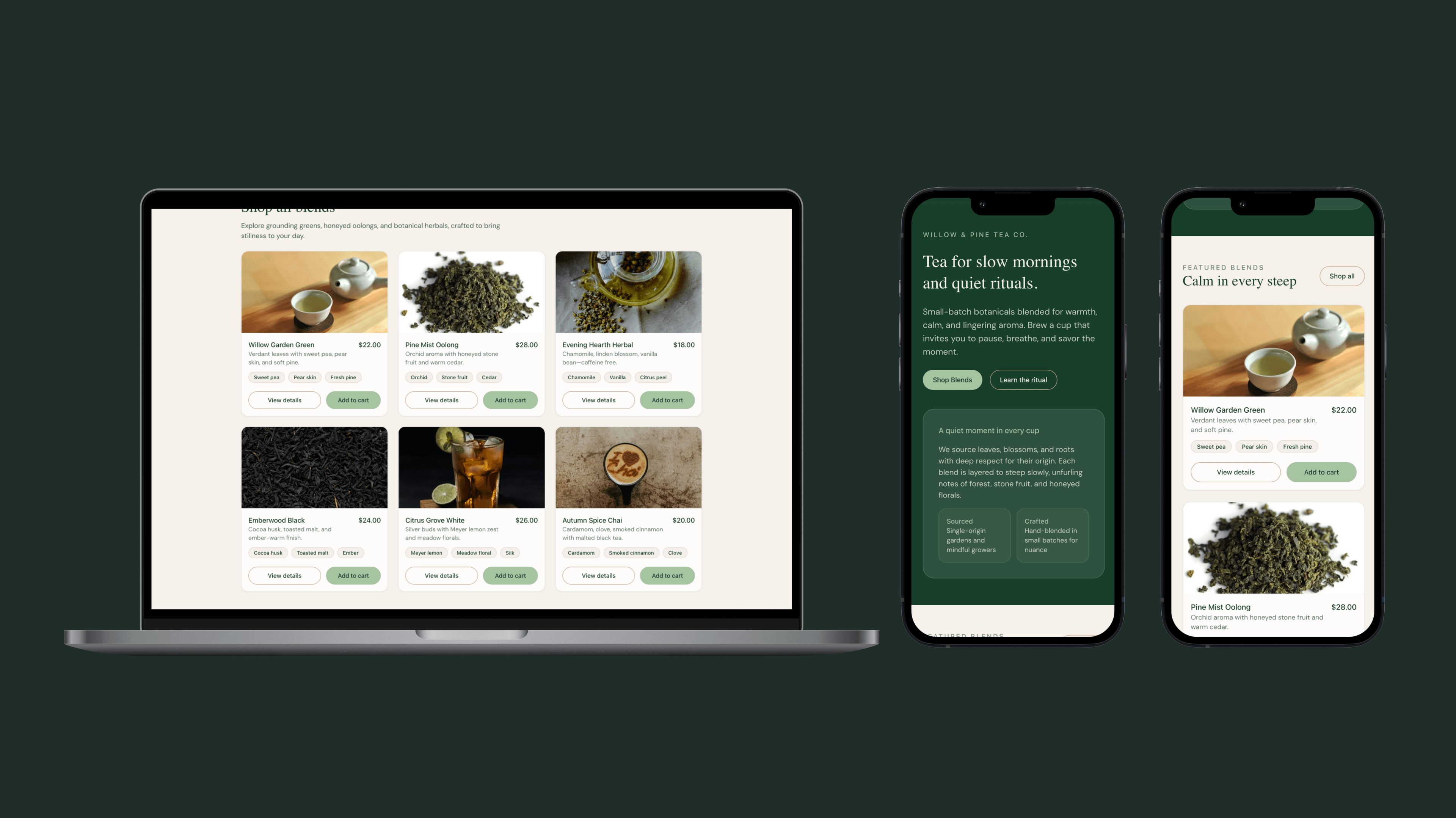 Willow & Pine homepage hero and product grid mockups