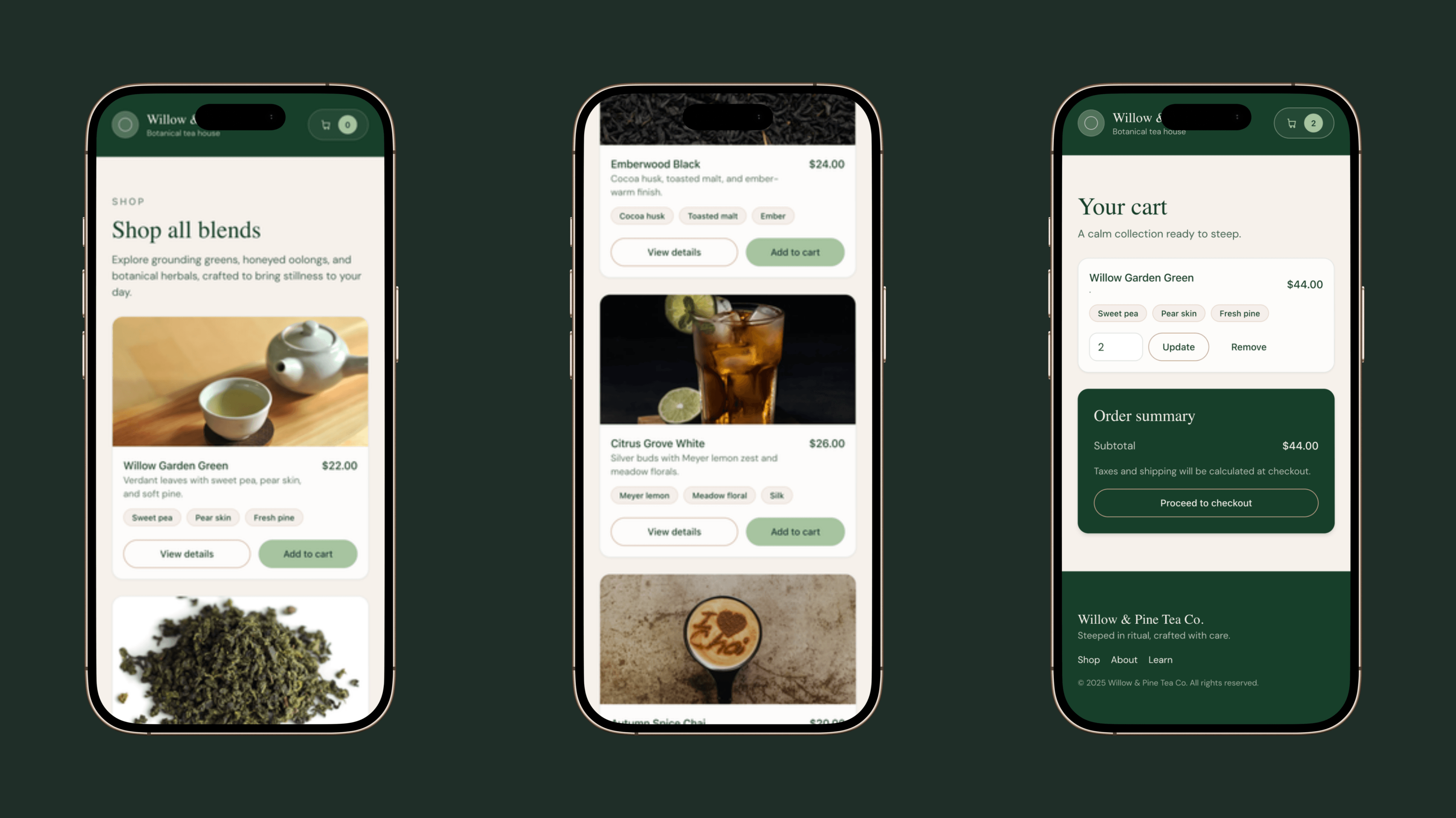 Willow & Pine mobile product page with sticky cart UI